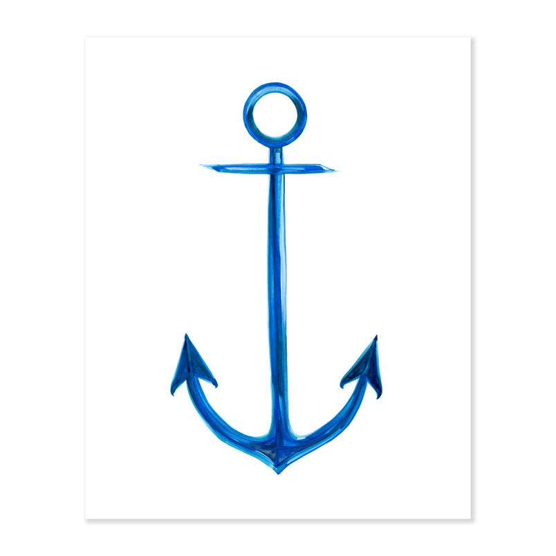 a fine art print illustrating a ship anchor with blue and navy watercolors on a soft white background