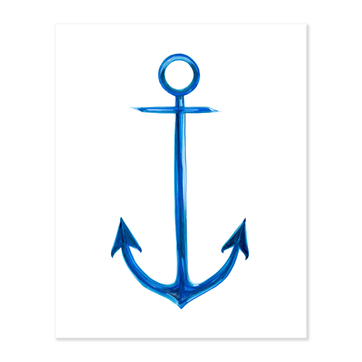 a fine art print illustrating a ship anchor with blue and navy watercolors on a soft white background
