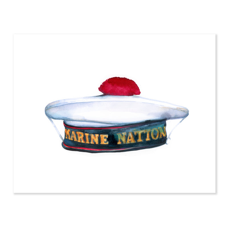 a fine art print illustrating a white and blue bachi hat worn by french navy sailors with a red pom pom on top and the text marine nation across the base made with watercolor on a soft white background