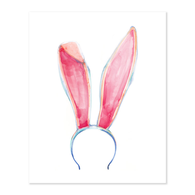 A fine art print illustrating a blue watercolor headband with two pink bunny ears one stretched out one folded on a soft white background