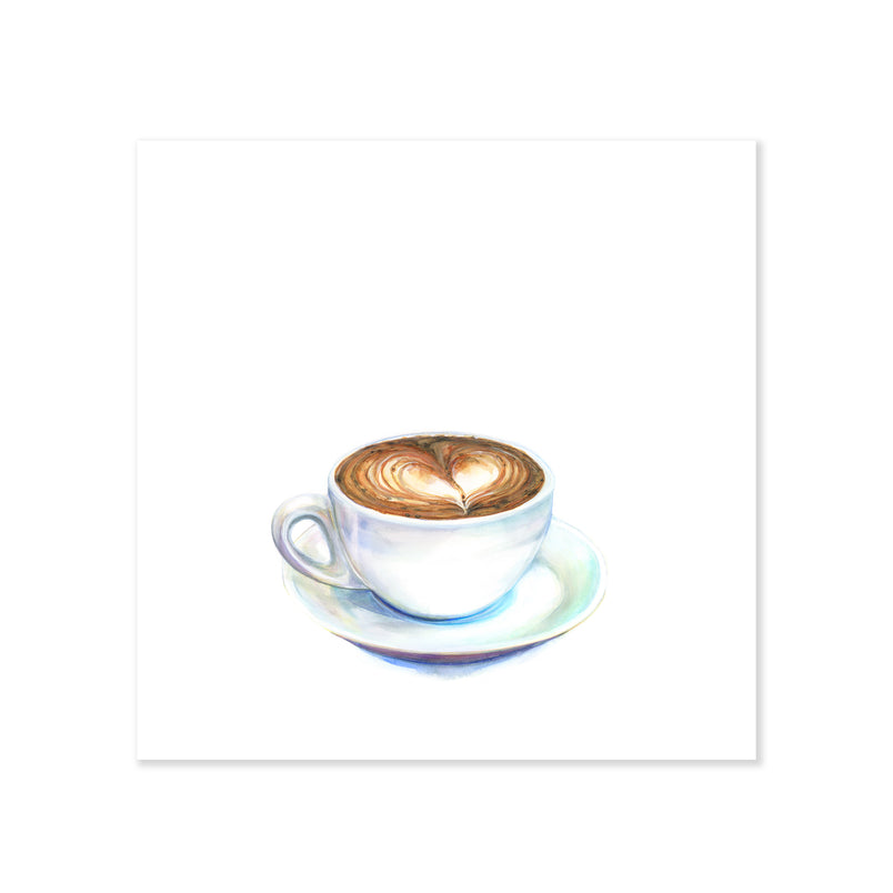A fine art print illustrating cup of cappuccino with a milk foam heart in its center in a white mug and saucer made of watercolor on a soft white background
