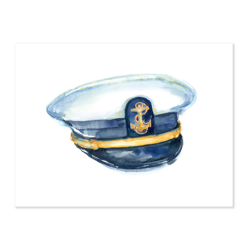 A fine art print illustrating a blue yellow and white captains hat with a yellow anchor on the front painted in watercolor on a soft white background