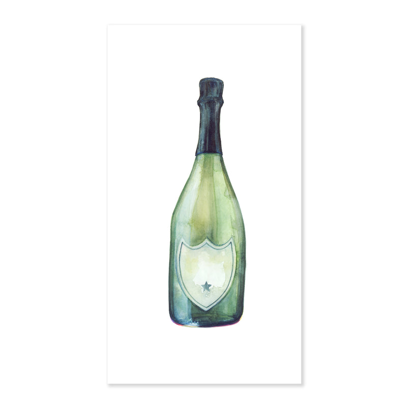 A fine art print of a green glass champagne bottle with a black neck and starred white label painted in watercolor on a soft white background