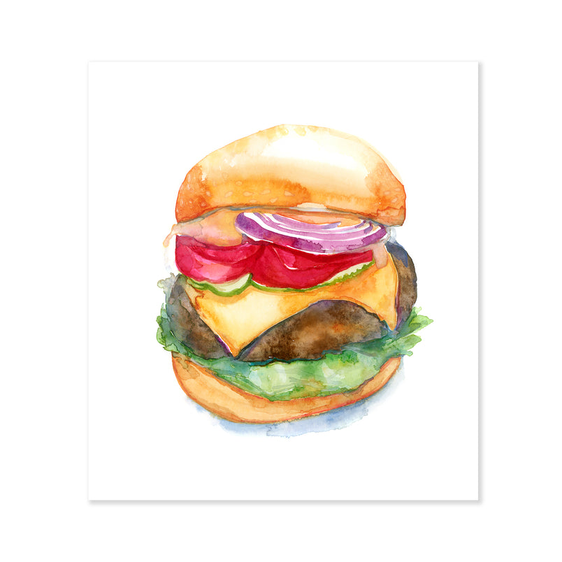 A fine art print illustrating a burger featuring cheese pickles onions tomato and lettuce in between two sesame buns painted in watercolor on a soft white background