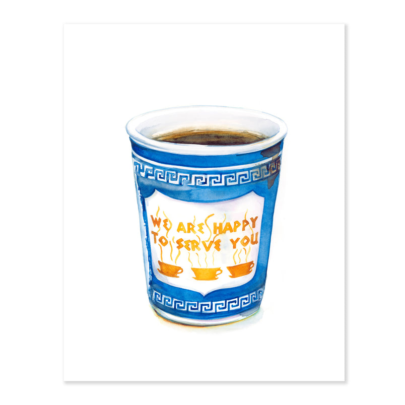 A fine art print illustrating a blue cup of coffee featuring yellow text that reads we are happy to serve you painted in watercolor on a soft white background