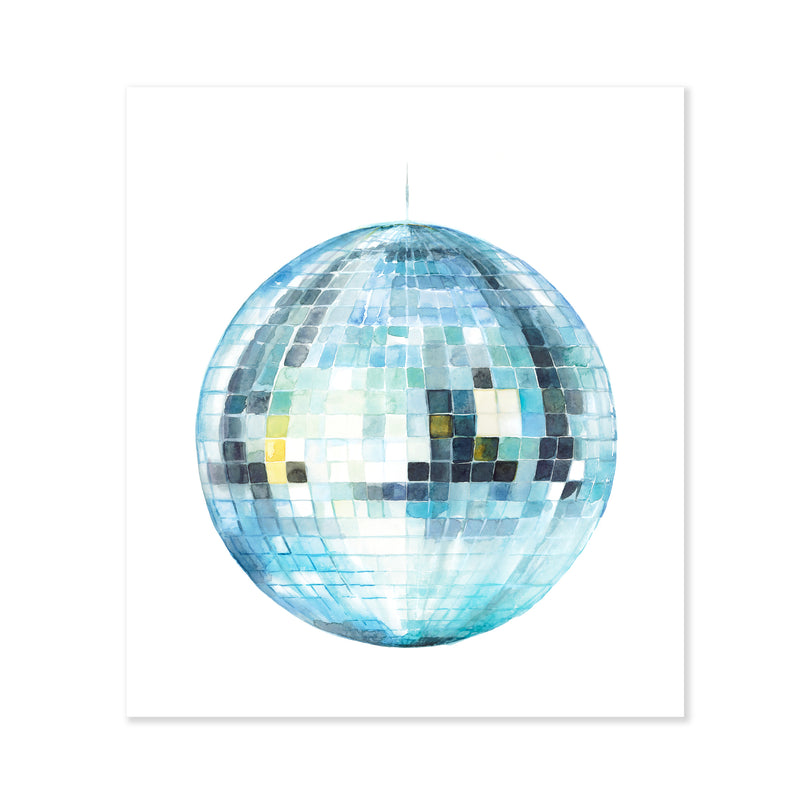 A fine art print illustrating a hanging disco ball with blue watercolors on a soft white background