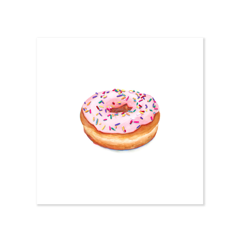 A fine art print illustrating a round donut covered in pink frosting and rainbow sprinkles painted with watercolor on a soft white background
