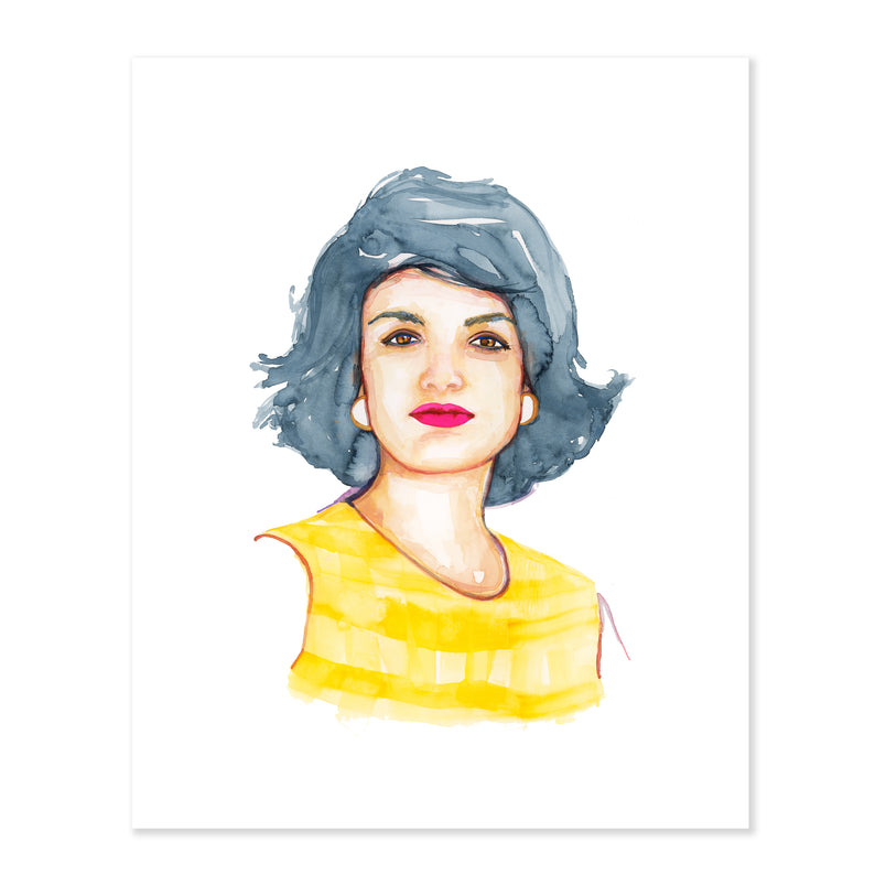 A fine art portrait of Jackie Kennedy in a bright yellow blouse painted with watercolor on a soft white background