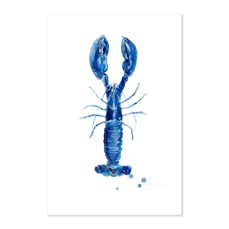 A fine art print illustrating an aerial view of a blue lobster painted with watercolor on a soft white background