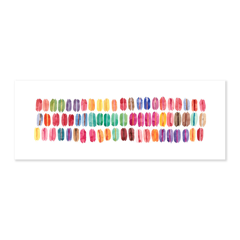 A fine art print illustrating an assortment of colorful macarons arranged in three rows of 22 including pinks greens yellows oranges purples and browns painted with watercolor on a soft white background