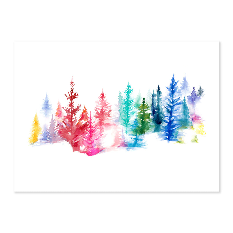 A fine art print illustrating a forest of pine trees of various shapes, sizes, and colors featuring red pink purple blue green and yellow painted with water colors on a soft white background