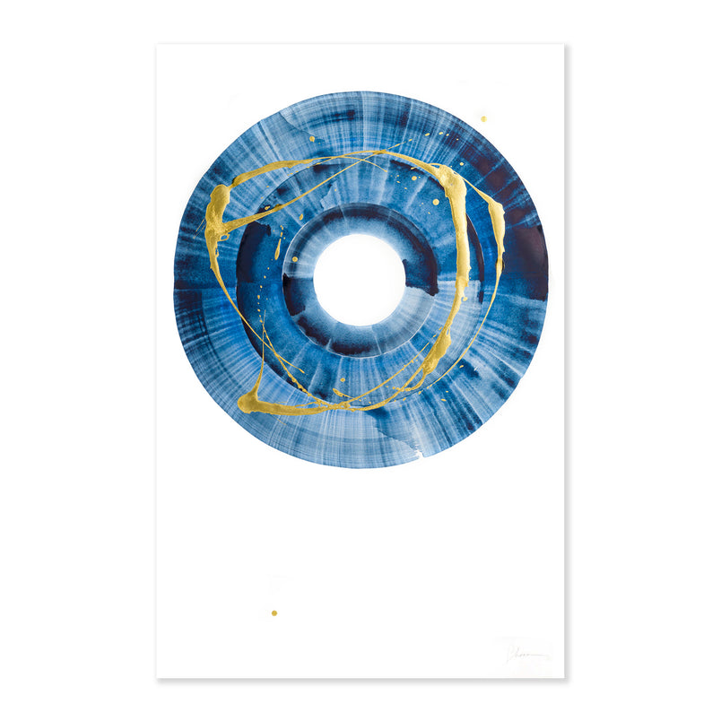 An original abstract painting illustrating a blue circle with gold detail painted with watercolor on a soft white background
