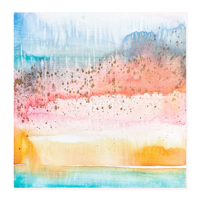 An original abstract painting illustrating a landscape featuring blue green orange and pink hues and gold detail painted with watercolor on a soft white background