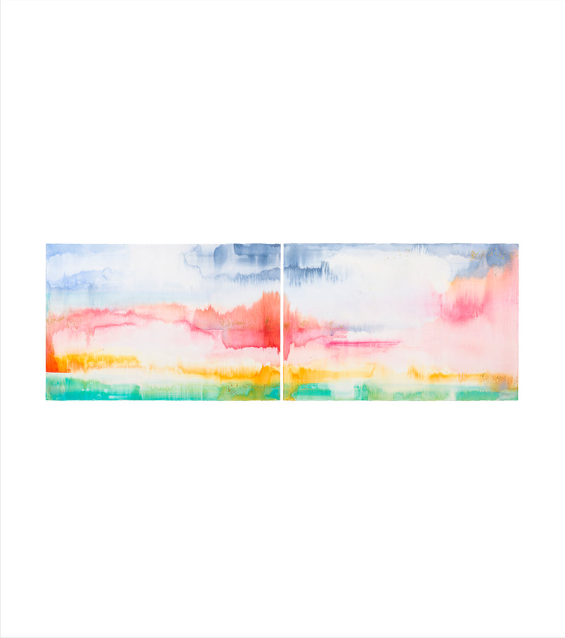 An original abstract painting illustrating a landscape featuring grey red orange yellow and green hues painted with watercolor on a soft white background