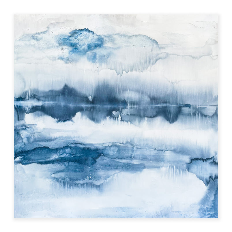 An original abstract painting illustrating a landscape featuring blue grey hues painted with watercolor on a soft white background