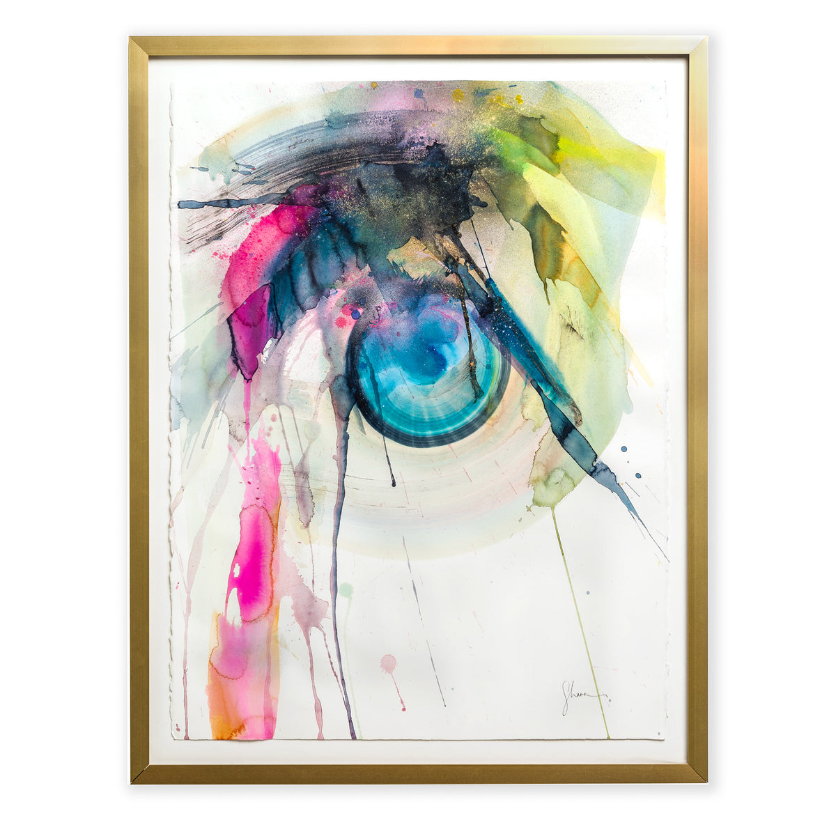 An original abstracting painting illustrating a circle covered by brush strokes of various bold hues painted with watercolor on a soft white background