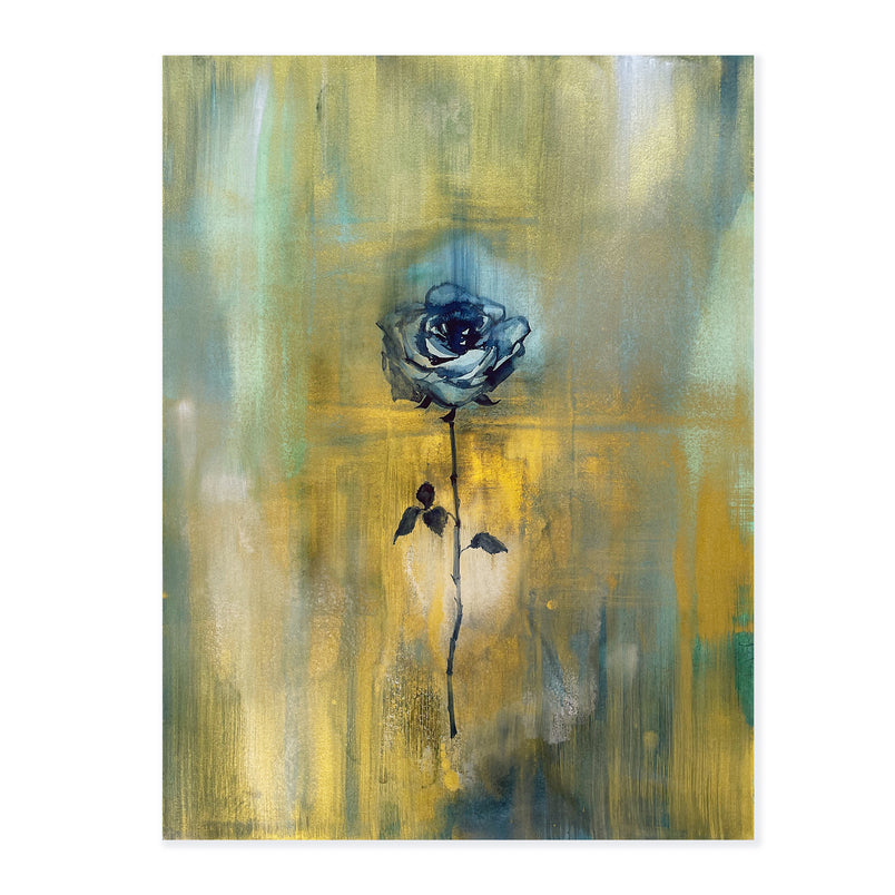 An original painting illustrating a single blue rose on a gold background painted with watercolor.