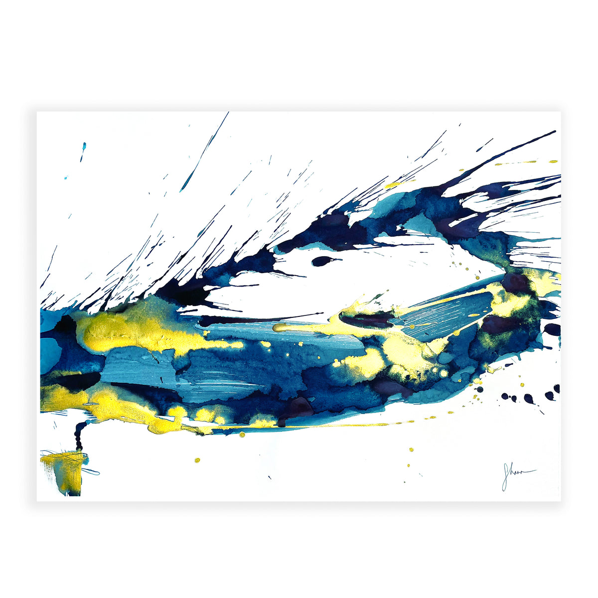 An original abstract painting illustrating brush strokes and splatter featuring blue hues and gold detail painted with watercolor on a soft white background