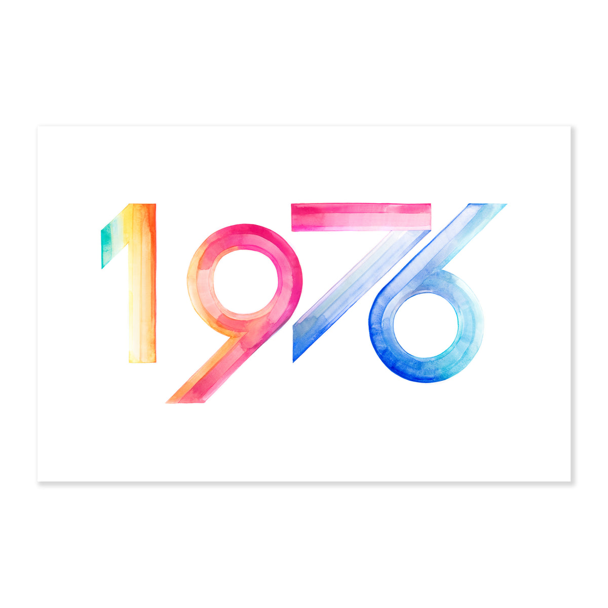 a 22 x 30" watercolor fine art print illustrating the numbers of the year 1976 in the colors green yellow orange pink and blue on a soft white background a watercolor fine art print illustrating the number 1976 in the colors green yellow orange pink and blue on a soft white background