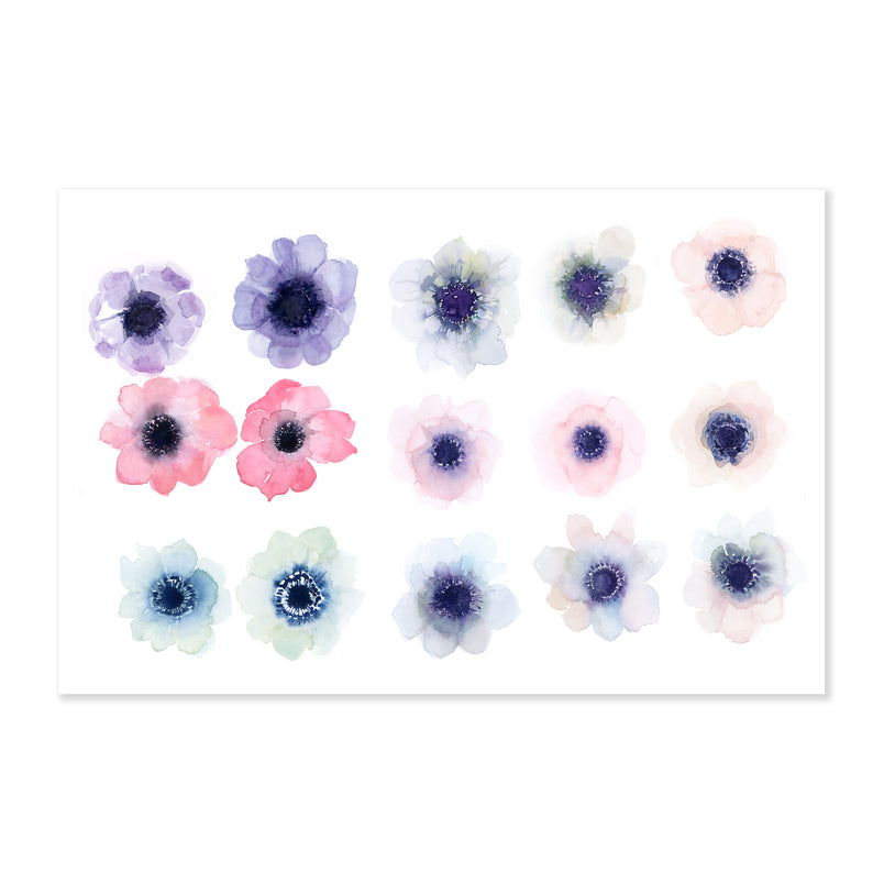 a fine art print illustrating purple pink blue and green anemones laid out in three rows of five painted in watercolor on a soft white background