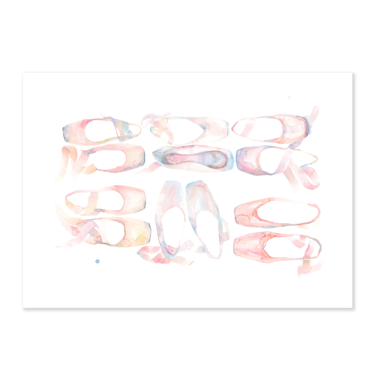 a fine art print illustrating pink ballet shoes laid vertically and horizontally in pairs in two rows of three drawn with watercolor on a soft white background