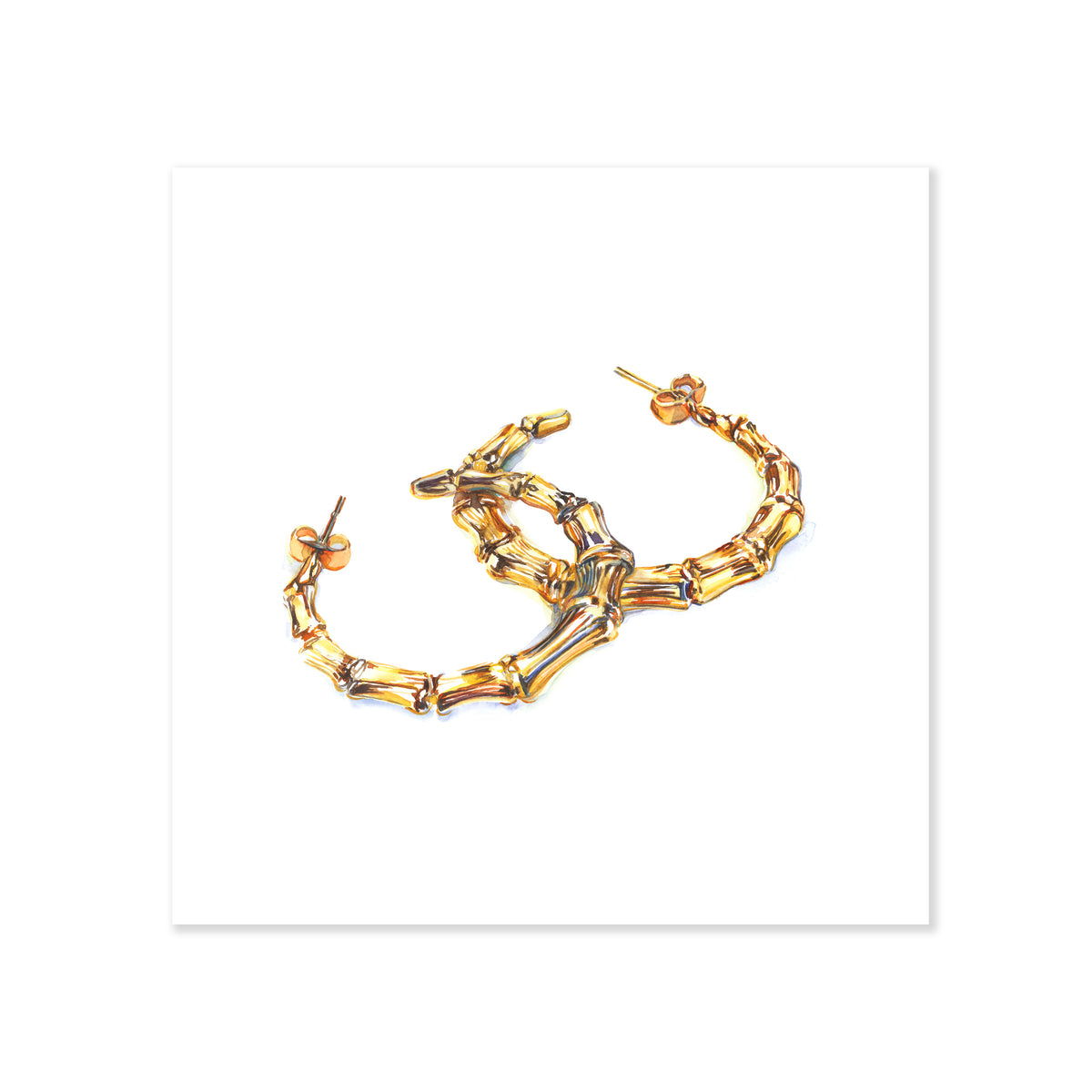 a fine art print illustrating two gold hoop earrings with a bamboo design laid on top of one another drawn with watercolor on a soft white background