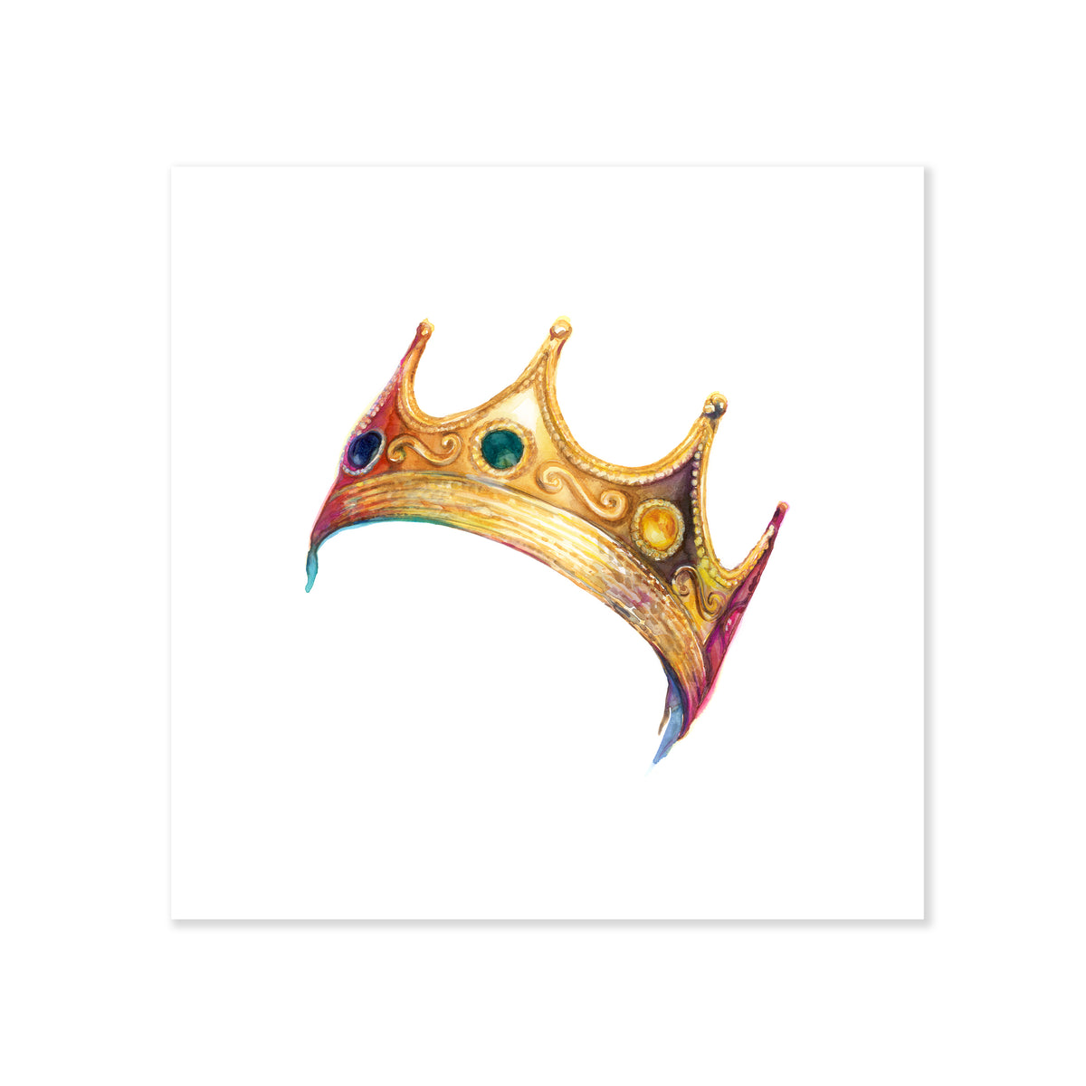 a fine art print illustrating a right tilting gold crown with four spikes and four jewels in the colors navy green yellow and red drawn in watercolor on a soft white background