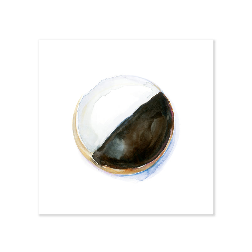 a fine art print illustrating a round cookie with half white and half black frosting drawn in watercolor on a soft white background
