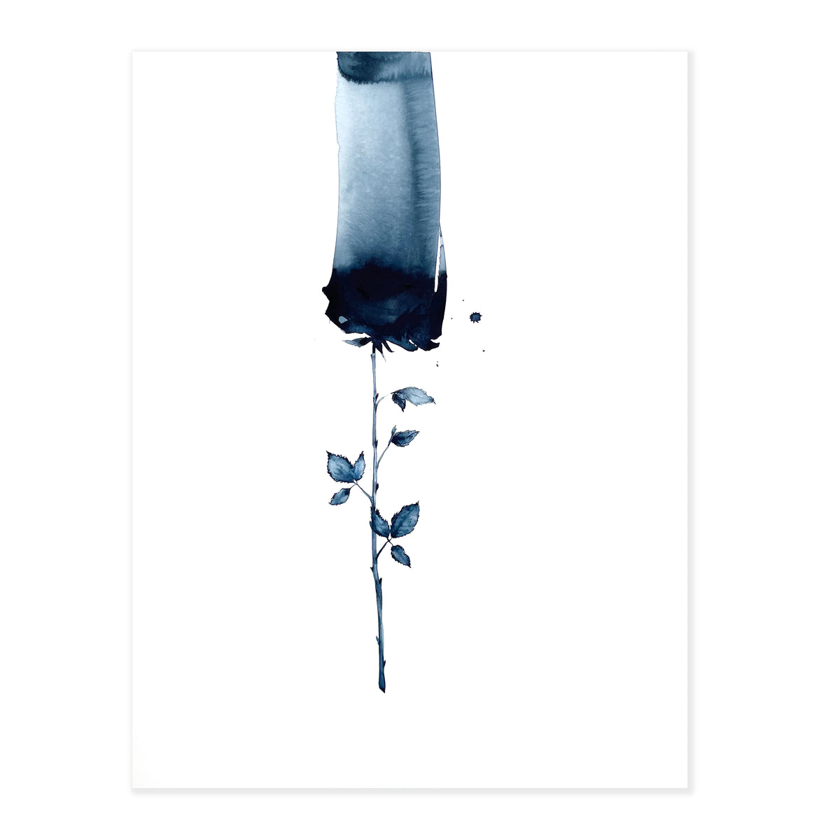 a fine art print illustrating a black single rose with leaves and thorns stemming from each side and petals creating a gradient up until the top edge of the paper on a soft white background