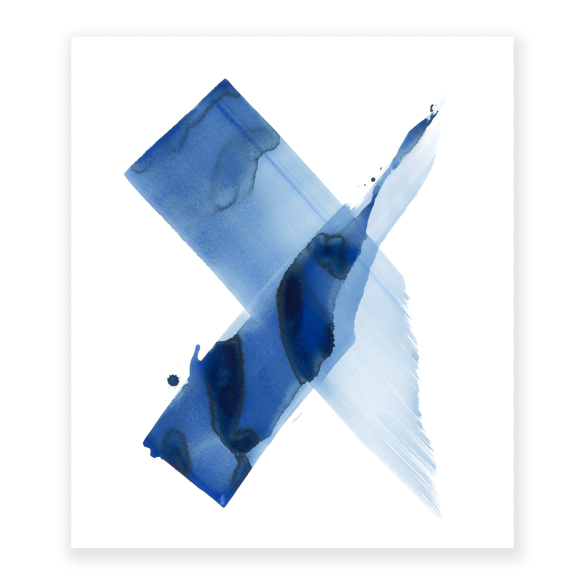 An original painting illustrating the figure x in watercolor creating a gradient from left to right with pools of blue dye on a soft white background