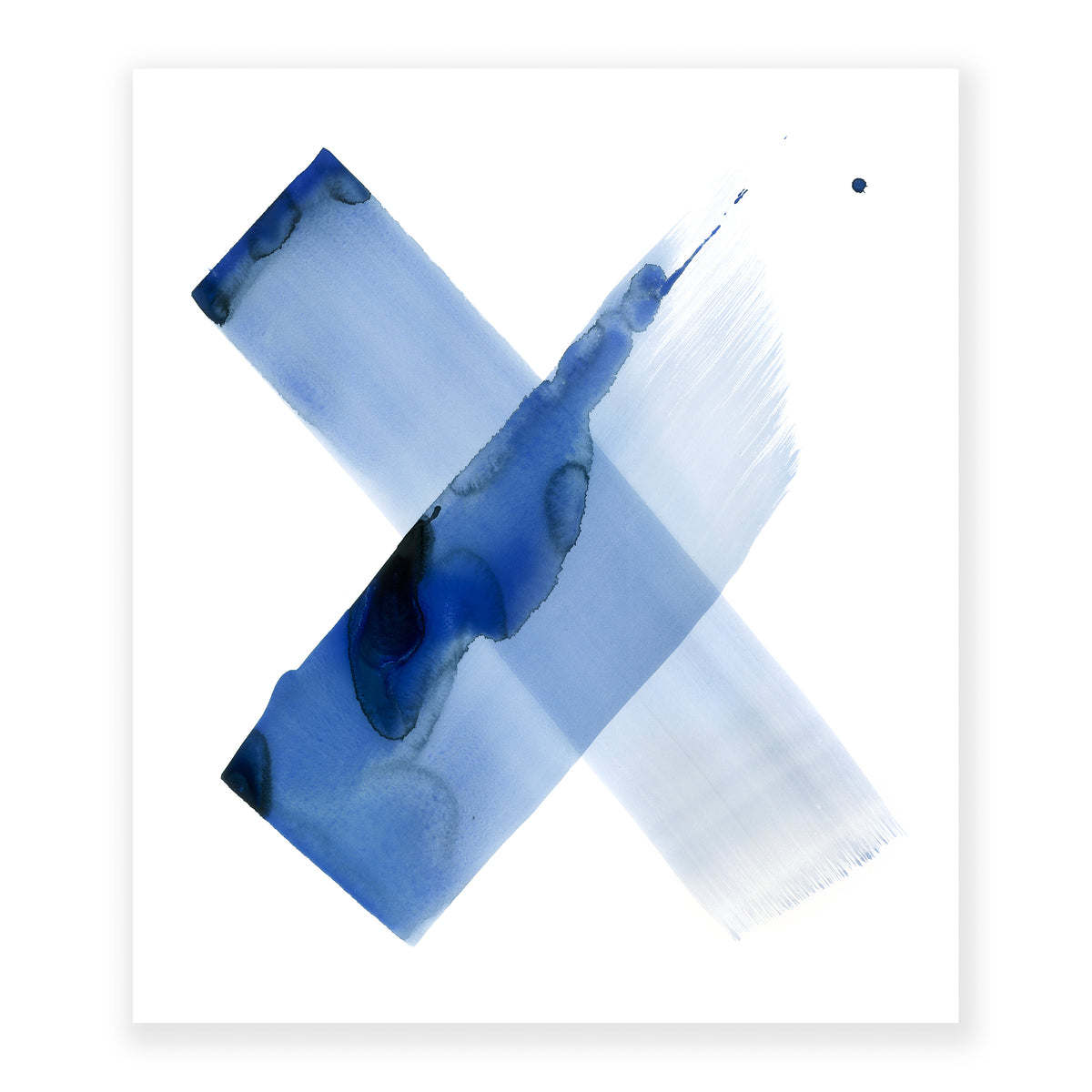 An original painting illustrating the figure x in watercolor creating a gradient from left to right with pools of blue dye on a soft white background