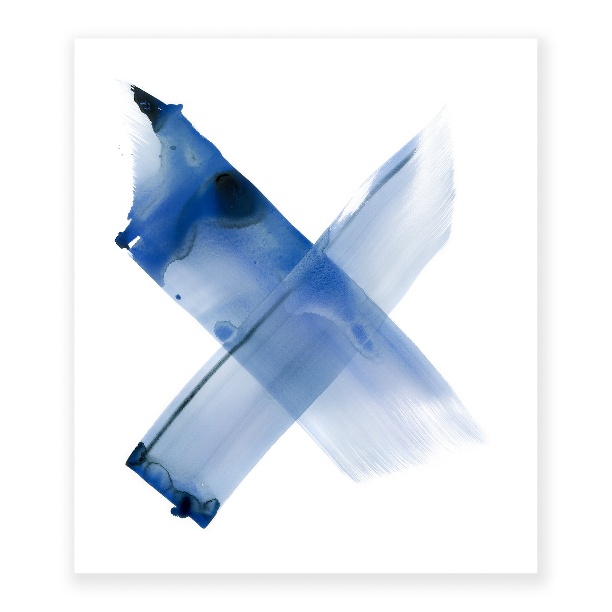 An original painting illustrating the figure x in watercolor creating a gradient from left to right with pools of blue dye on a soft white background
