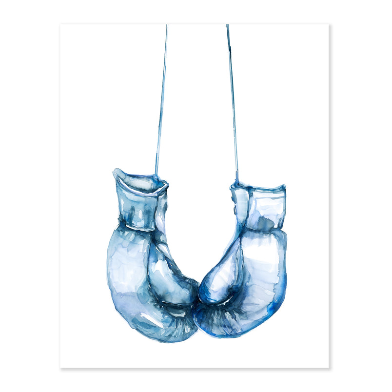 A fine art print illustrating two boxing gloves hanging from the laces in blue watercolor on a soft white background