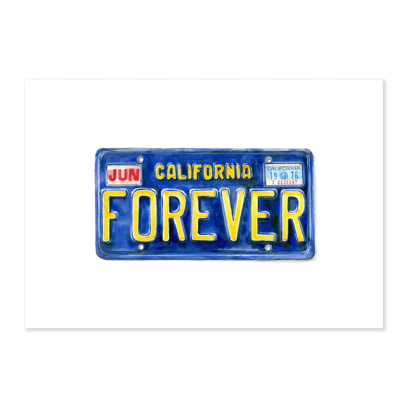 A fine art print of a blue watercolor california license plate spelling out forever in yellow lettering for the month of june of the year 1976 on a soft white background