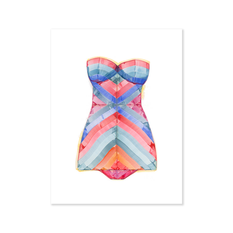 A fine art print illustrating a vintage strapless swimsuit with pink blue and orange stripes in watercolor on a soft white background