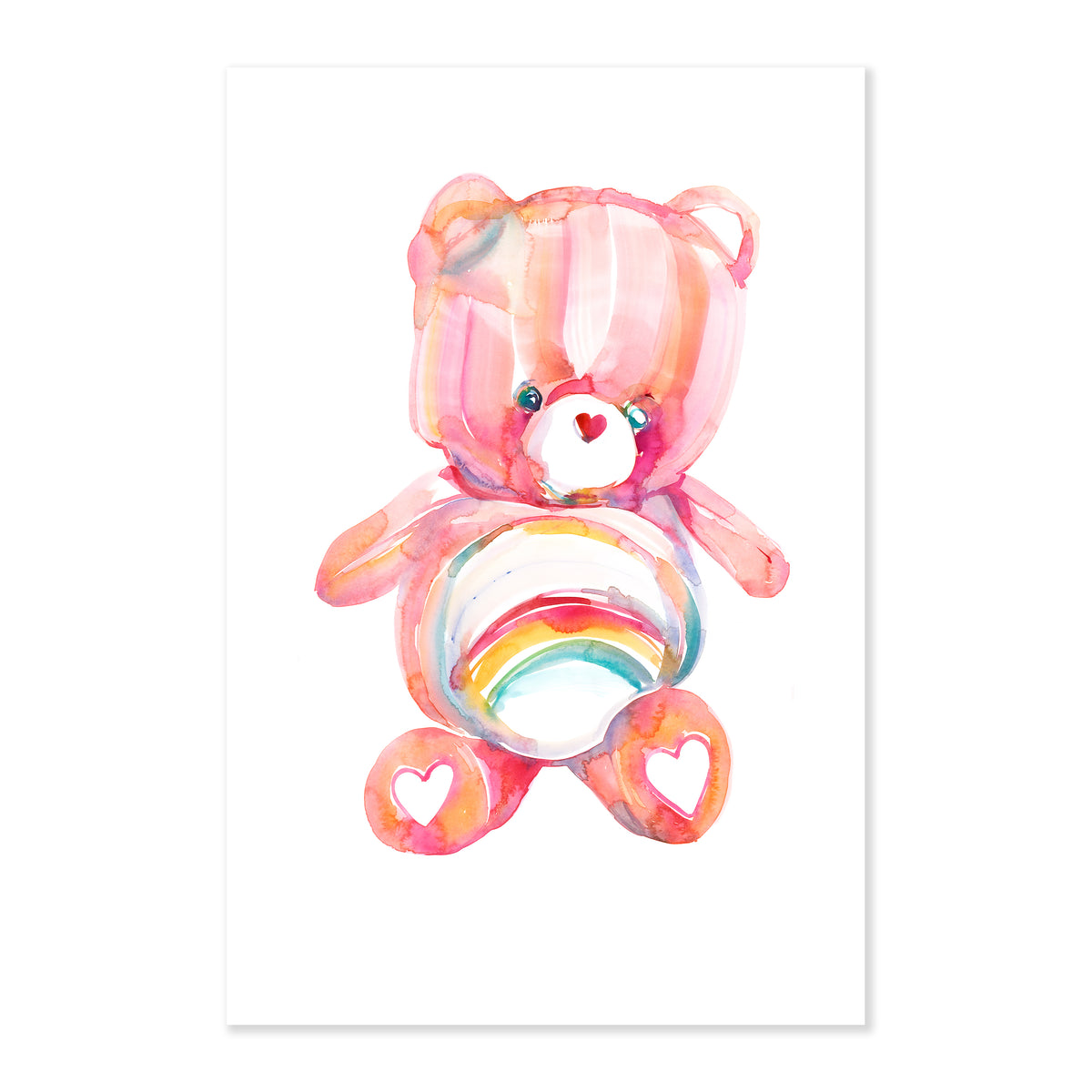 A fine art print illustrating a sitting pink care bear with a rainbow on its belly and a white heart on each foot painted in watercolor on a soft white background
