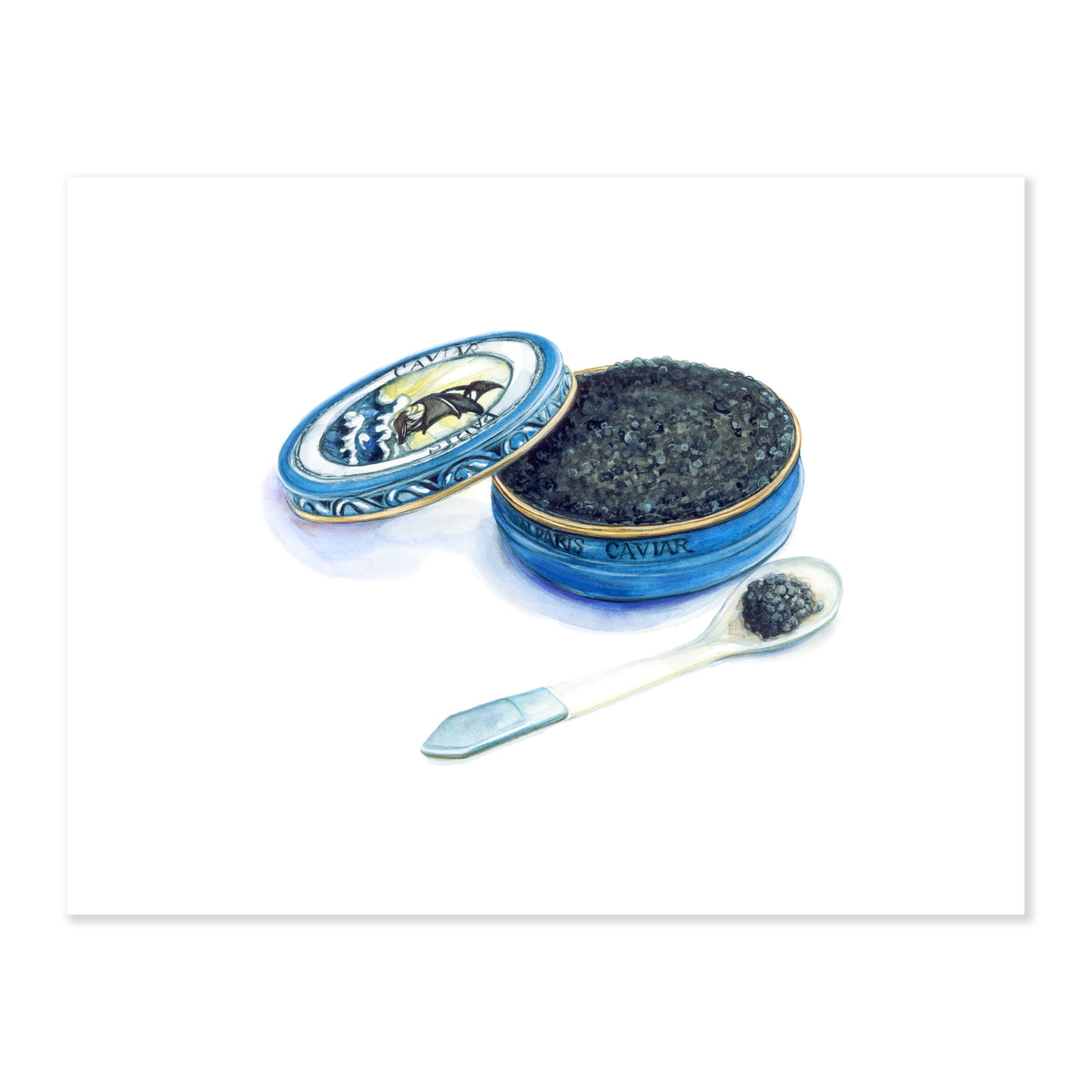 A fine art print illustrating an open blue tin of caviar with a small silver spoon beside it painted in watercolor on a soft white background