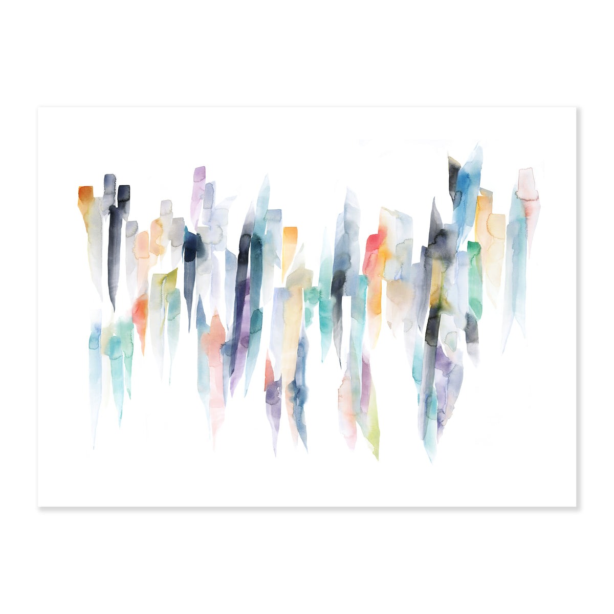 A fine art print illustrating abstract vertical stripes of various lengths in orange green blue purple and black hues in watercolor on a soft white background