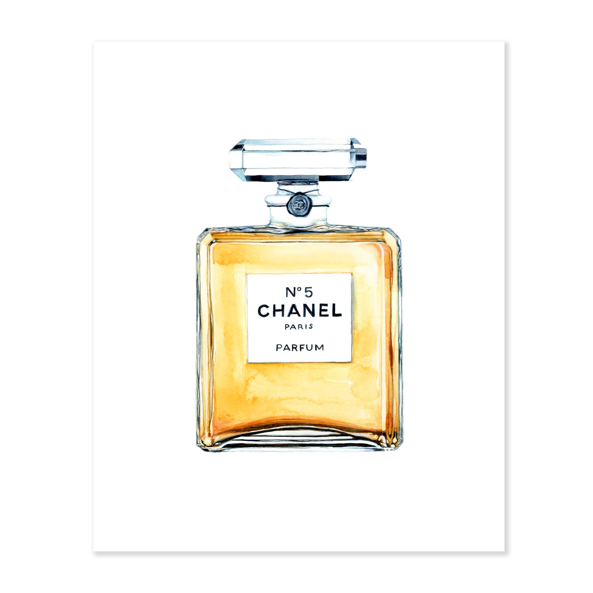 A fine art print illustrating a square glass bottle of perfume with a white square label that reads Chanel No. 5 Paris Parfum in watercolor on a soft white background