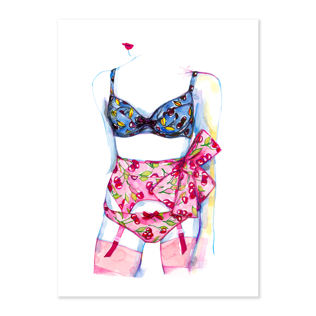 A fine art print illustrating a woman's silhouette wearing a lingerie set with blue bra and pink underwear and suspenders featuring a cherry design painted with watercolor on a soft white background