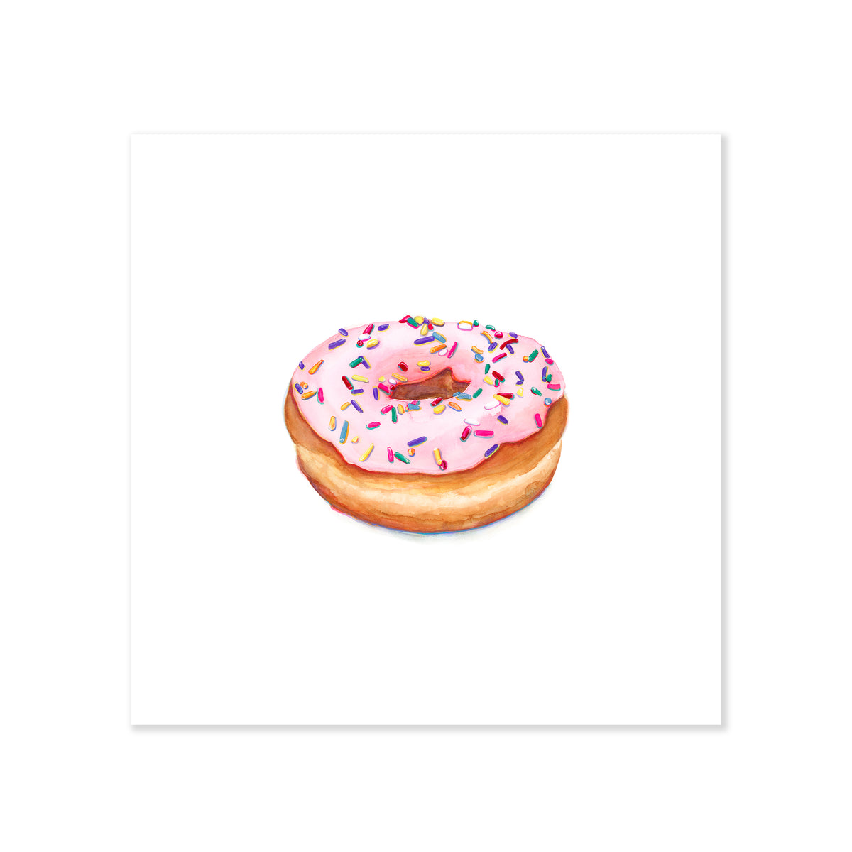 A fine art print illustrating a round donut covered in pink frosting and rainbow sprinkles painted with watercolor on a soft white background