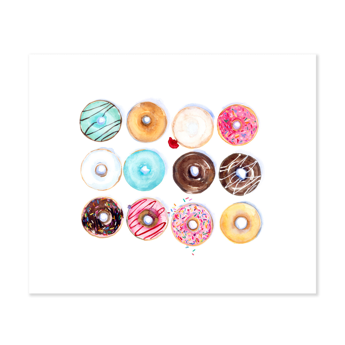 A fine art print illustrating an assortment of donuts laid out in three rows of four each including pink blue and chocolate frosting with sprinkles painted using watercolors on a soft white background