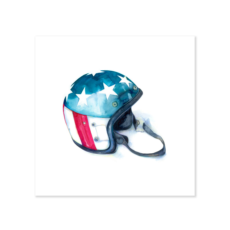 A fine art print illustrating an open face biker helmet featuring an american flag design painted with watercolor on a soft white background