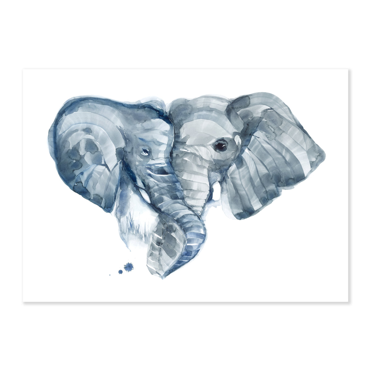 A fine art print illustrating a pair of grey elephants interlocking their trunks painted with watercolors on a soft white background