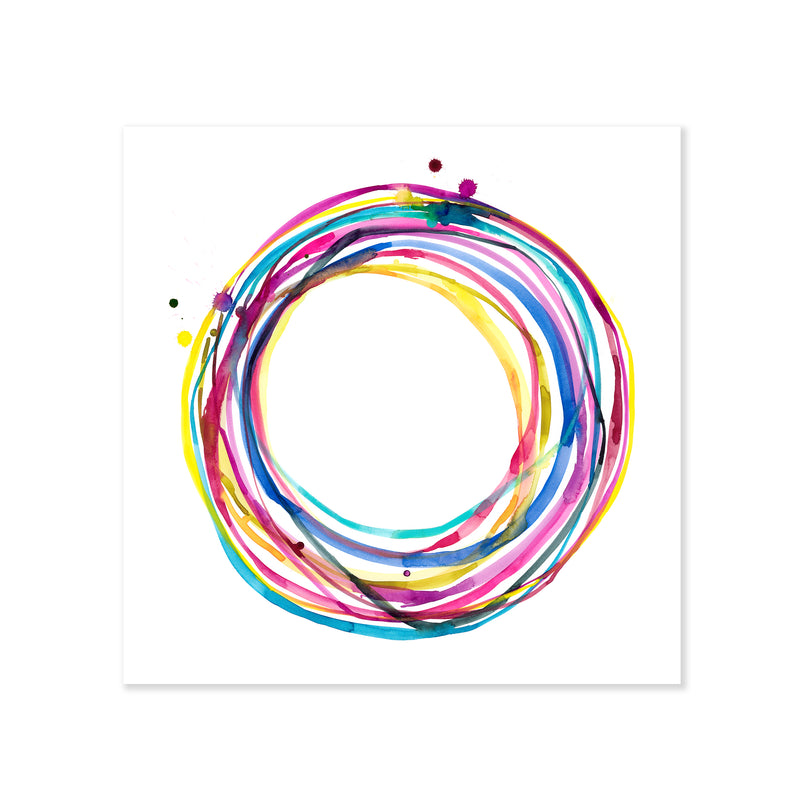 A fine art print illustrating overlapping circle shapes in the colors pink yellow blue purple painted in watercolor on a soft white background