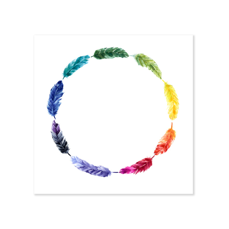 A fine art print illustrating a circular wreath made of multicolor feathers including greens blues purples yellows oranges reds and pink painted in watercolor on a soft white background