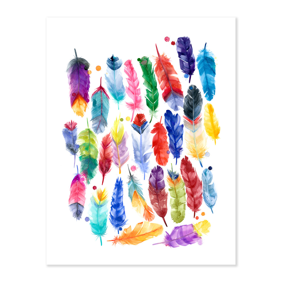 A fine art print illustrating an assortment of feathers of different shapes and colors laid out horizontally and vertically featuring blues purples oranges reds yellows pinks and greens painted with watercolors on a soft white background
