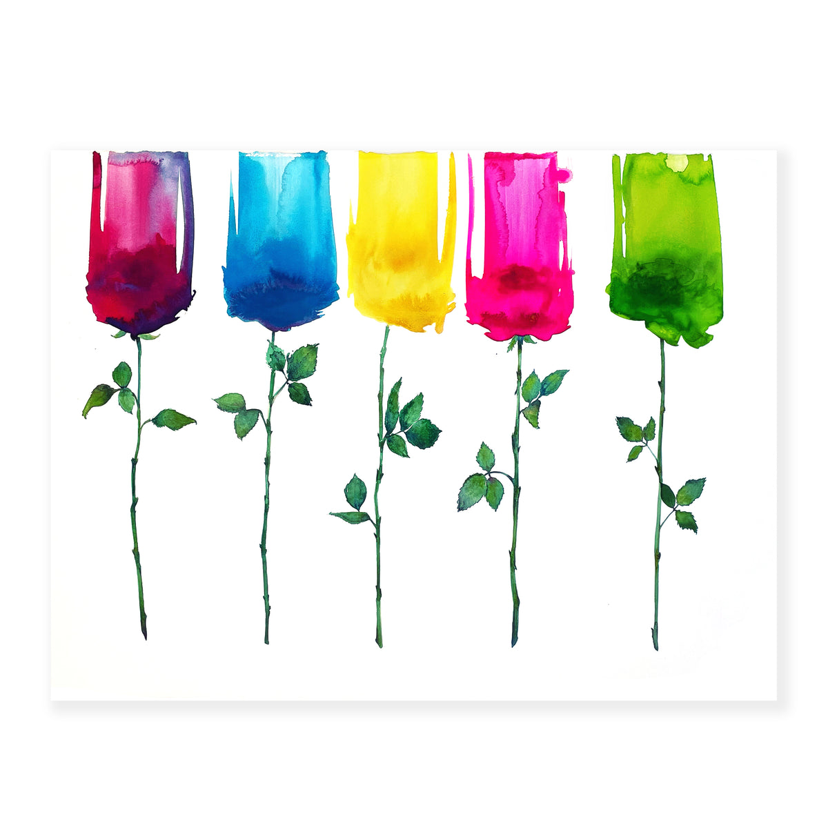 A fine art print illustrating a row of red blue yellow pink and green single stem roses whose petals create a gradient up until the top edge of the paper painted with watercolors on a soft white background