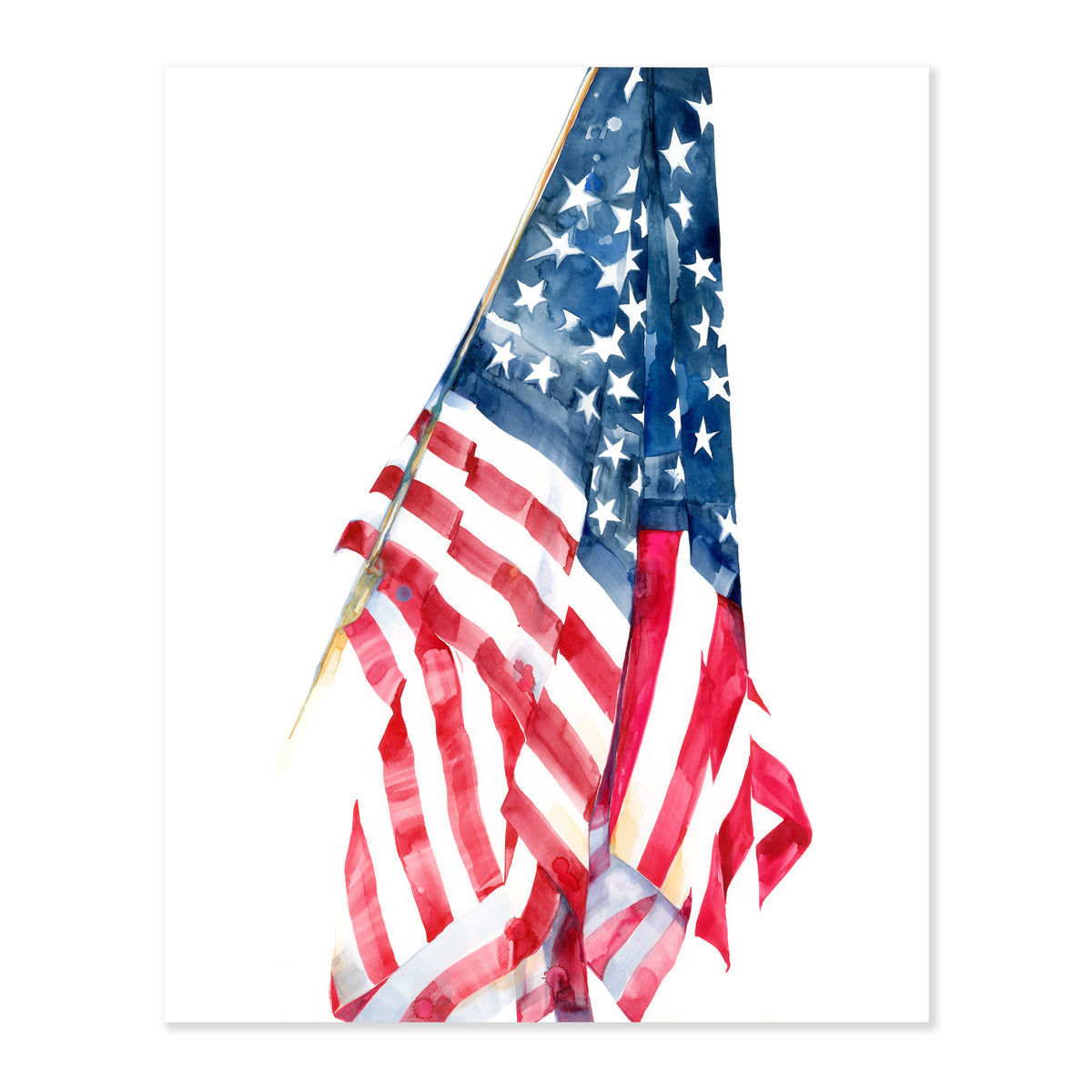 A fine art print illustrating a draped united states flag featuring red white and blue in watercolor on a soft white background
