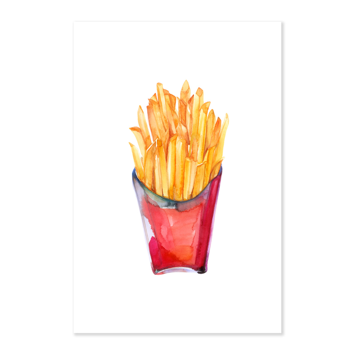 A fine art print illustrating yellow golden thin cut french fries in a red carton container painted with watercolors on a soft white background